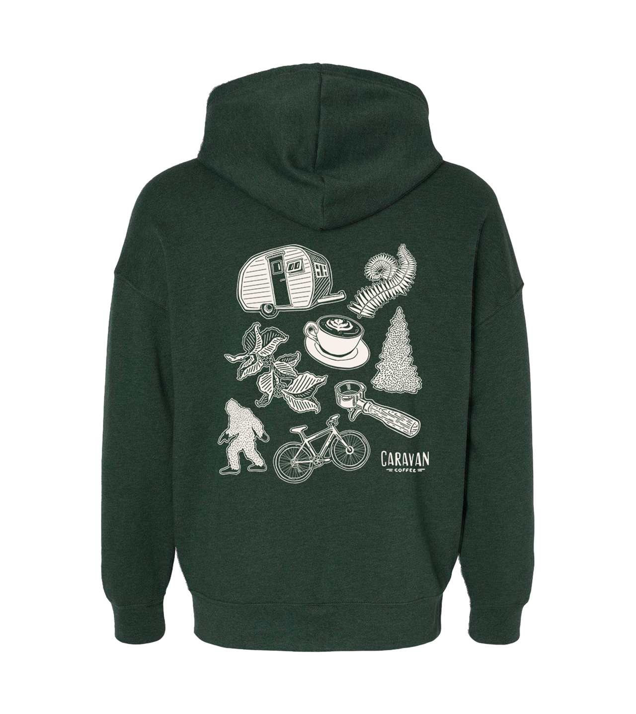 green hoodie with cream colored pnw themed graphics